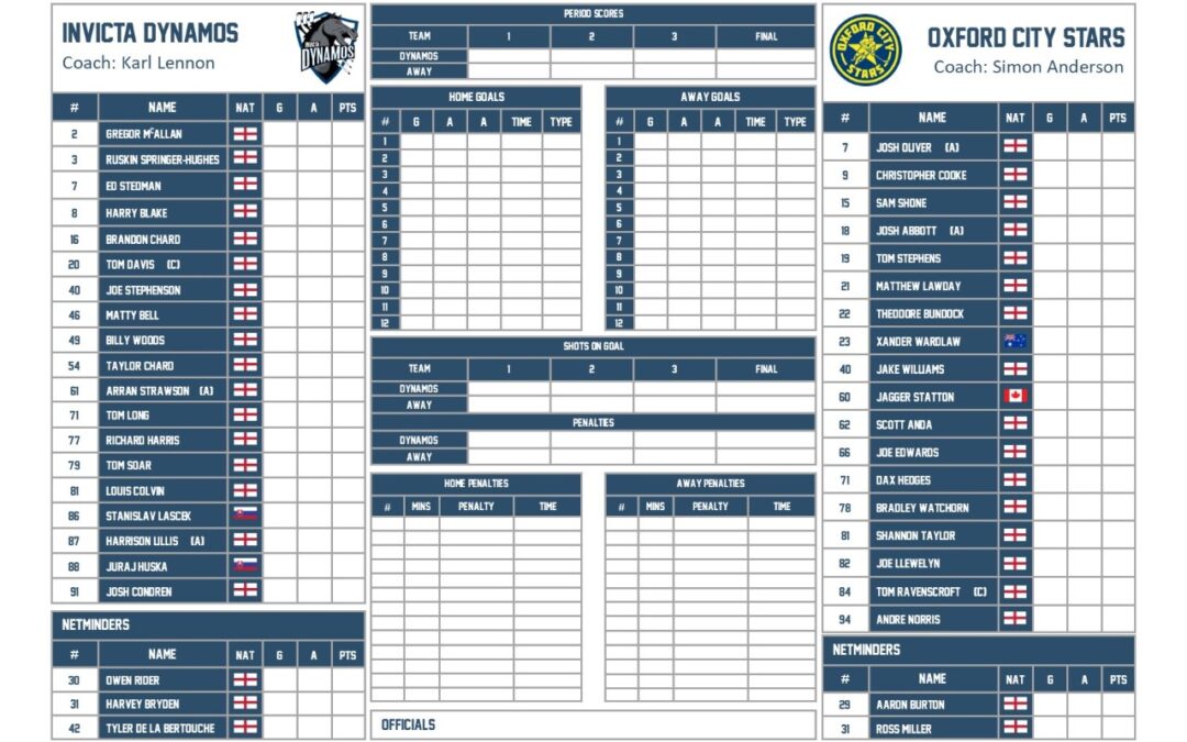 TEAM LIST – INVICTA DYNAMOS V STREATHAM IHC 20.11.22