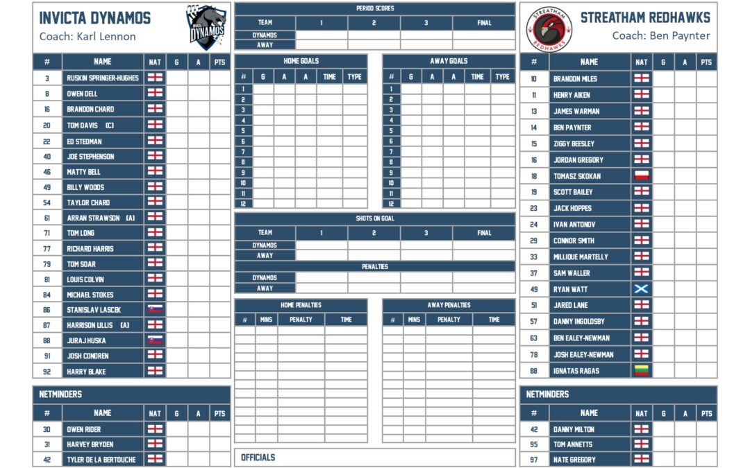 TEAM LIST – INVICTA DYNAMOS V STREATHAM REDHAWKS 19.03.23