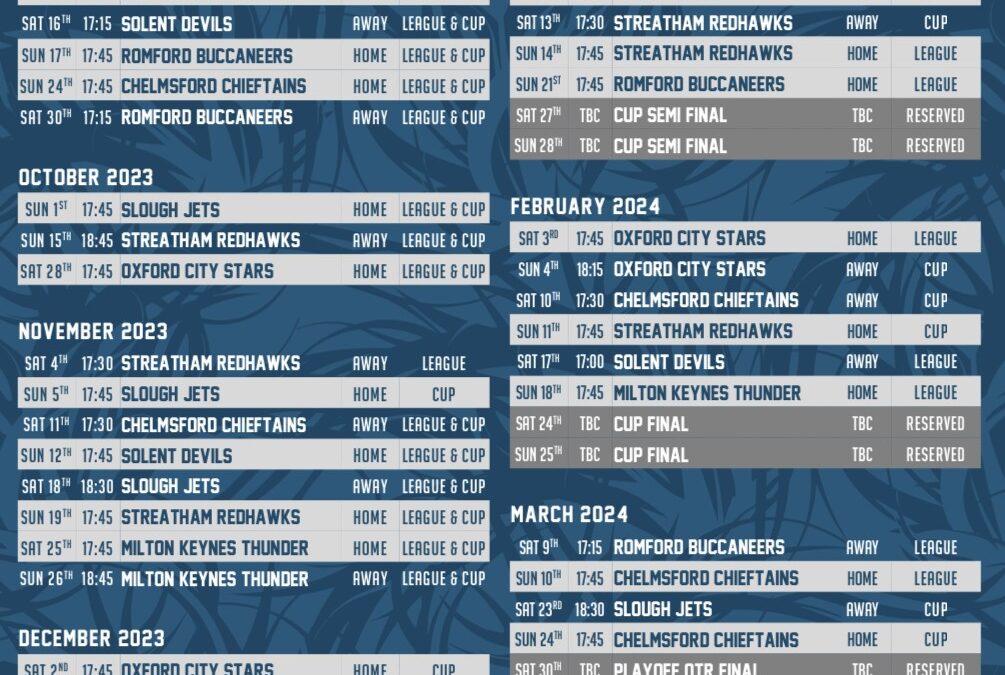 NIHL SOUTH DIVISION 1 (BRITTON) 2023/24 FIXTURES